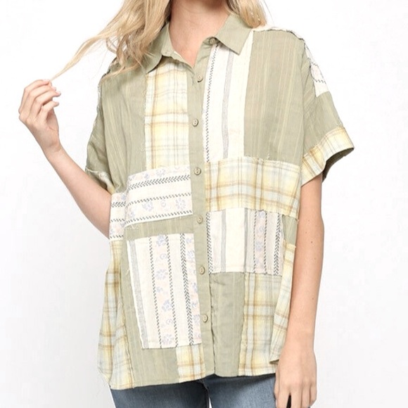 GIGIO Mixed Patchwork Button Down Short Sleeve Shirt Top Size Small Sage Green - Picture 1 of 11